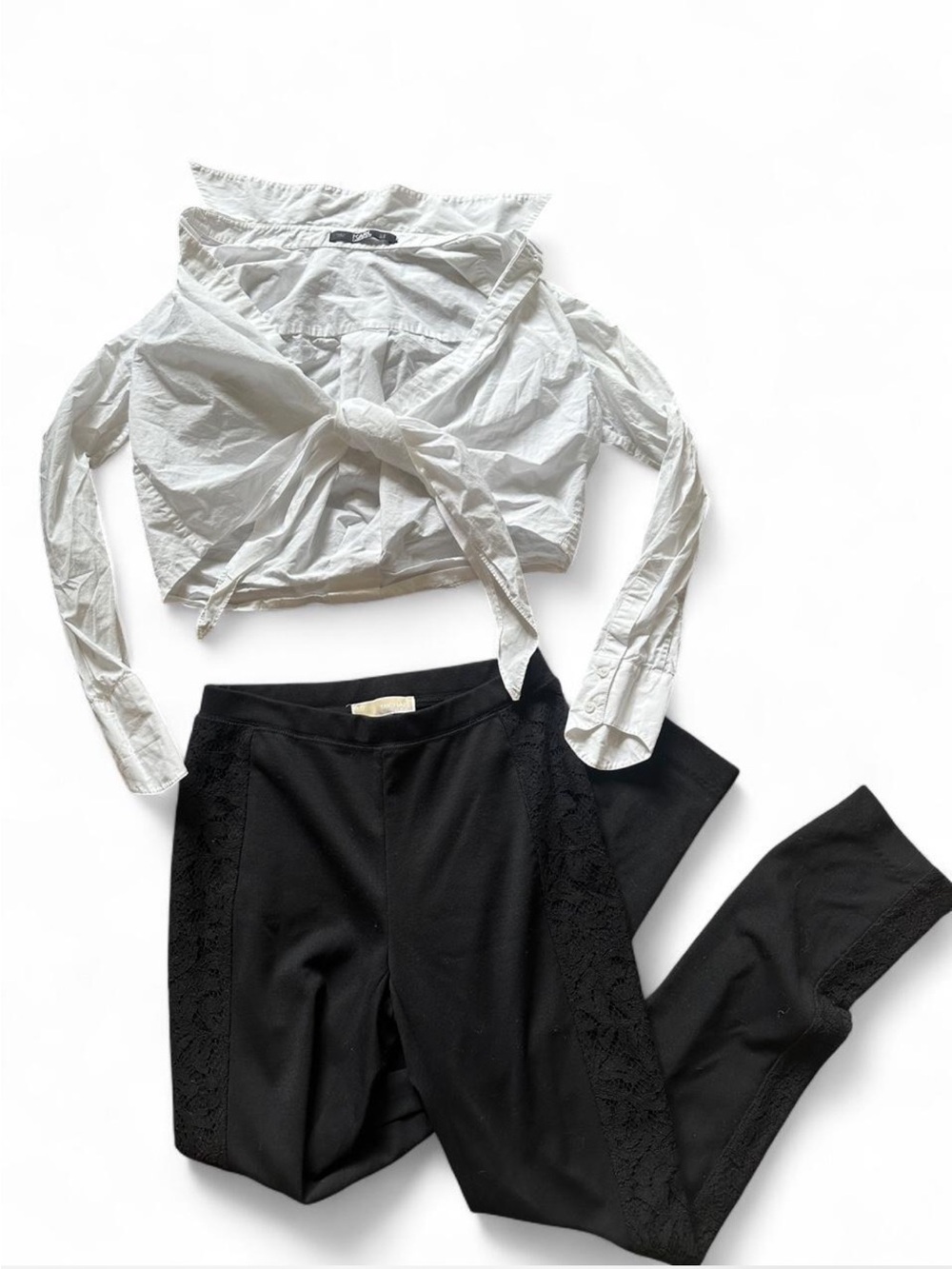 White cropped button up shirt and black lace pants set #loungewear #goingout